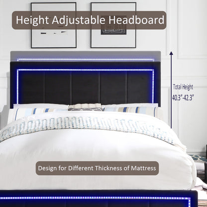 Upholstered Queen Size Platform Bed with LED Lights, Storage Bed with 4 Drawers, Black