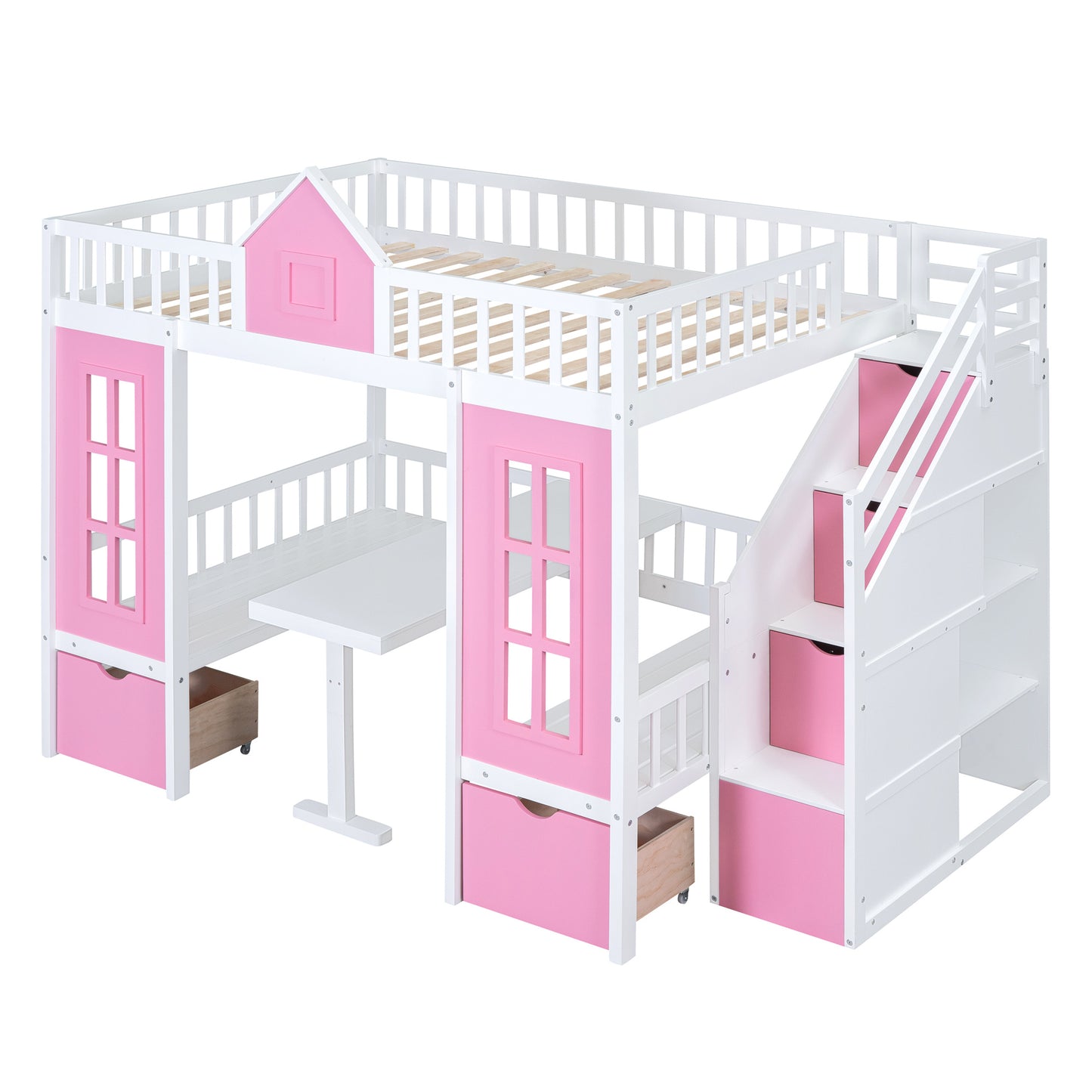 full-over-full bunk bed with changeable table, pink