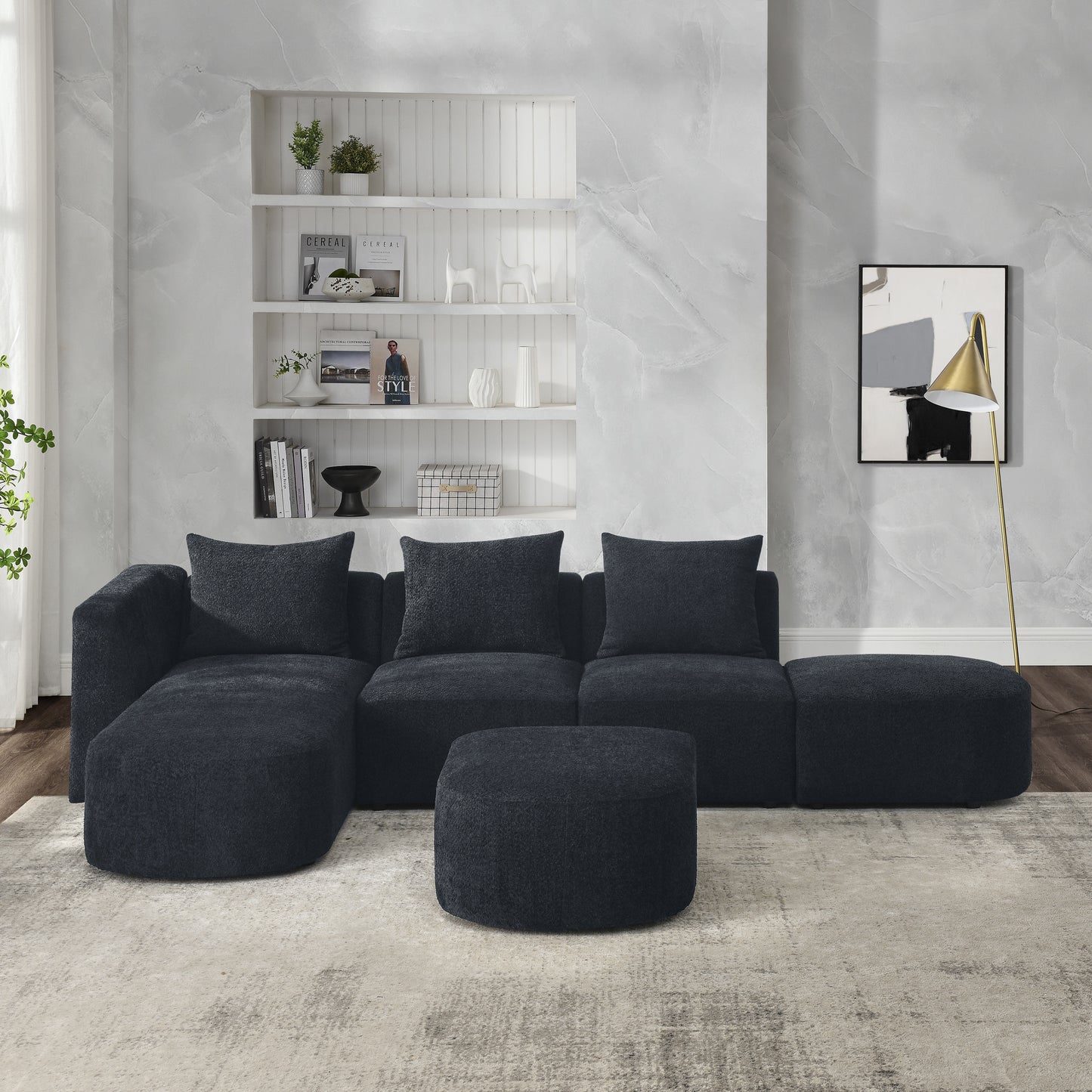 barney l shape sectional sofa with 2 ottomans, black