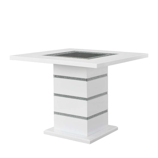 ACME Elizaveta Counter Height Table, Gray Velvet, Faux Crystal Diamonds &White High Gloss Finish