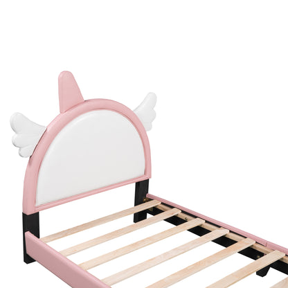 Cute Upholstered Bed With Unicorn Shape Headboard, White+Pink