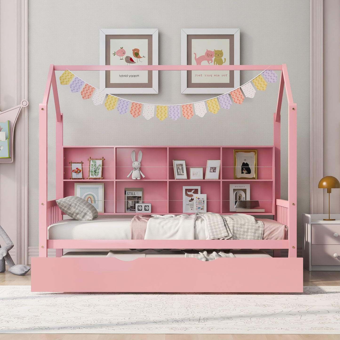 wooden house bed with trundle, pink