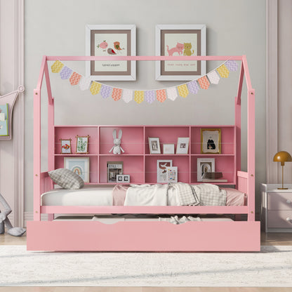 Wooden House Bed with Trundle, Pink
