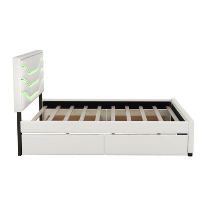 Retro Upholstered Storage Platform Bed with LED, 4 Drawers and USB Charging, White
