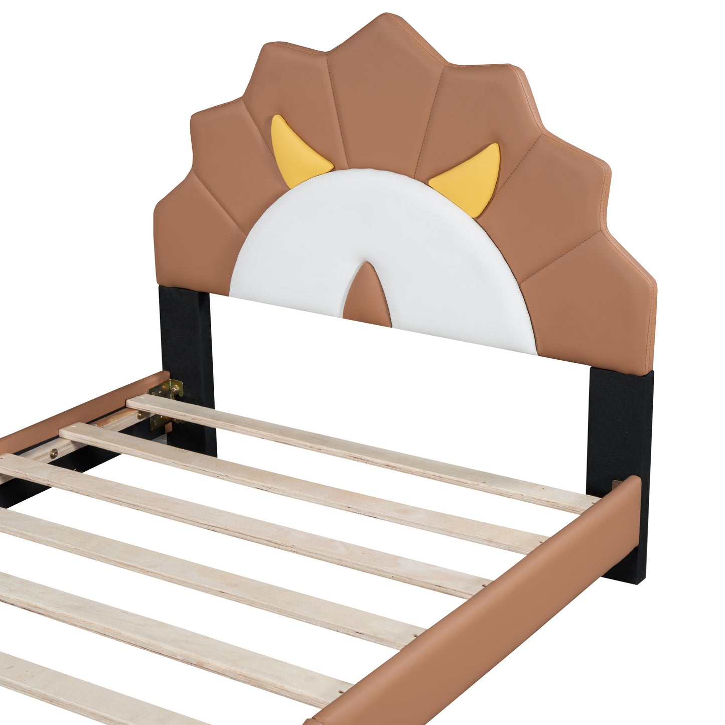upholstered leather platform bed with lion-shaped headboard, brown
