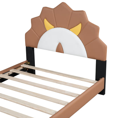Upholstered Leather Platform Bed with Lion-Shaped Headboard, Brown