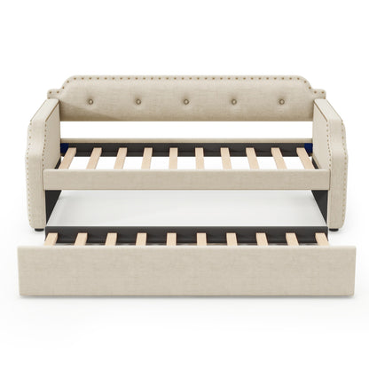 Lizzy Upholstered Bed with Trundle, Beige