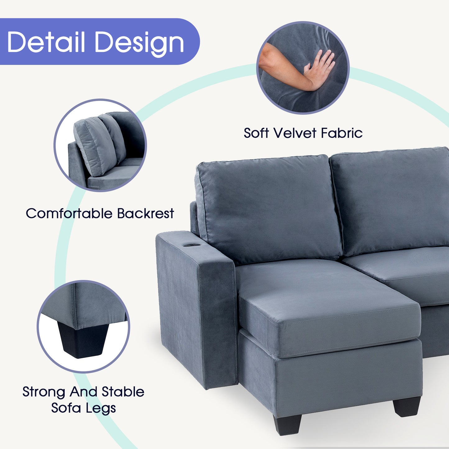 modern l shape sectional sofa with usb charging port, grey