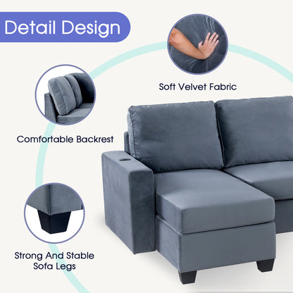 Modern L shape Sectional Sofa With USB Charging Port, Grey
