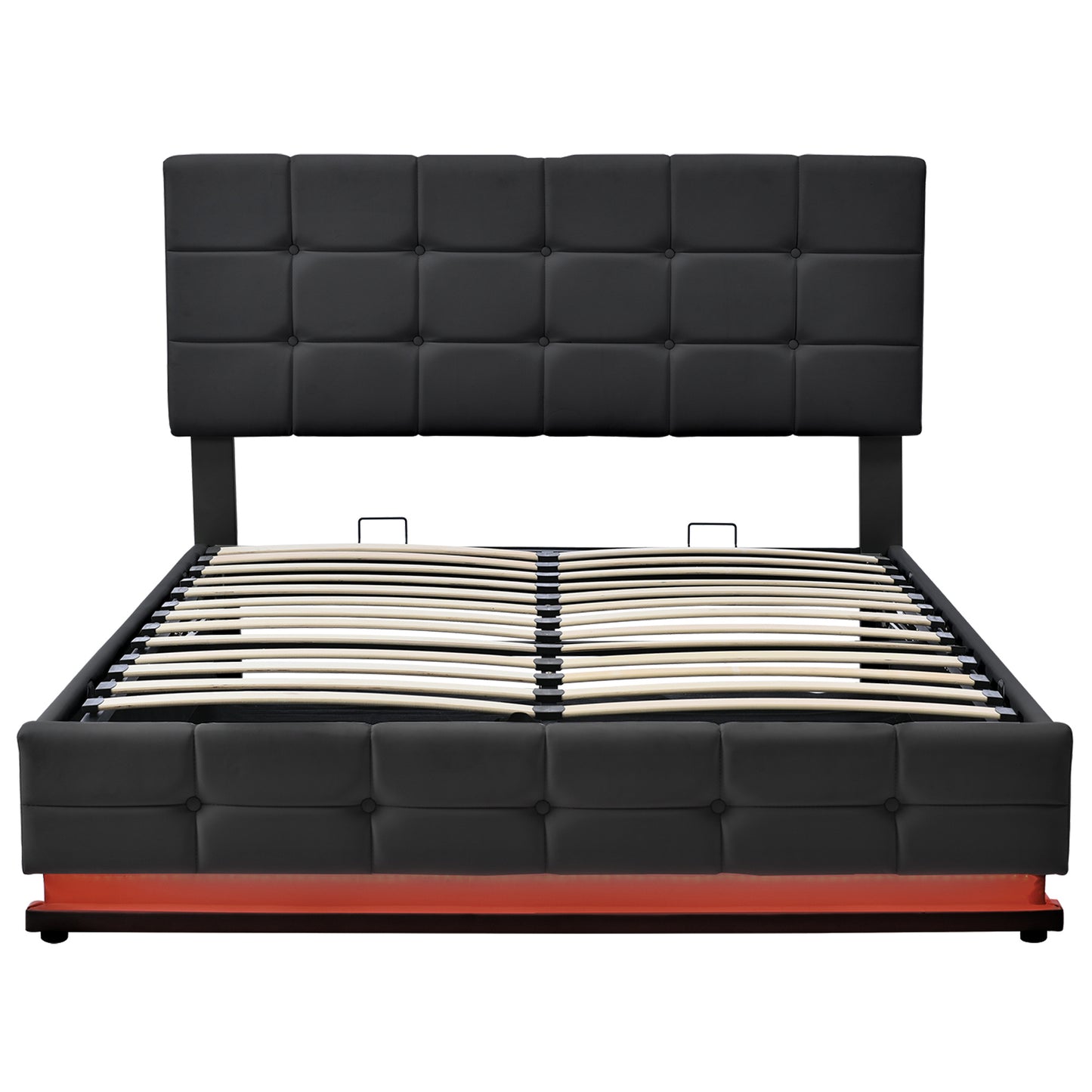 tufted upholstered platform bed with hydraulic storage system, led lights, and usb charger, black