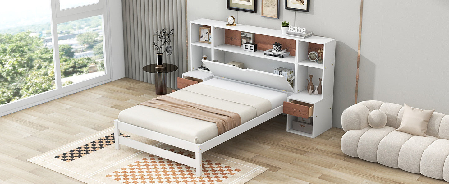 twin size platform bed with storage headboard and drawers, white
