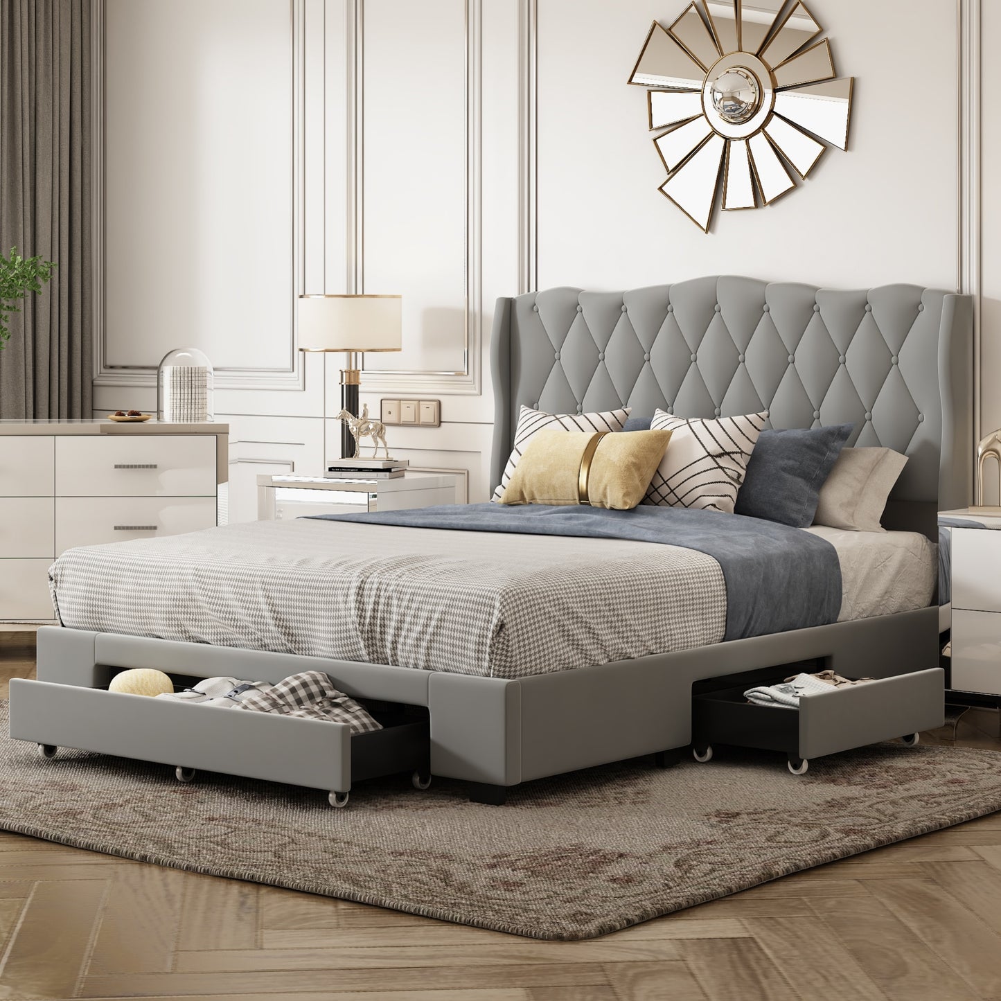 velvet upholstered platform bed with tufted headboard and 3 drawers, gray