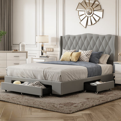 Velvet Upholstered Platform Bed with Tufted Headboard and 3 Drawers, Gray