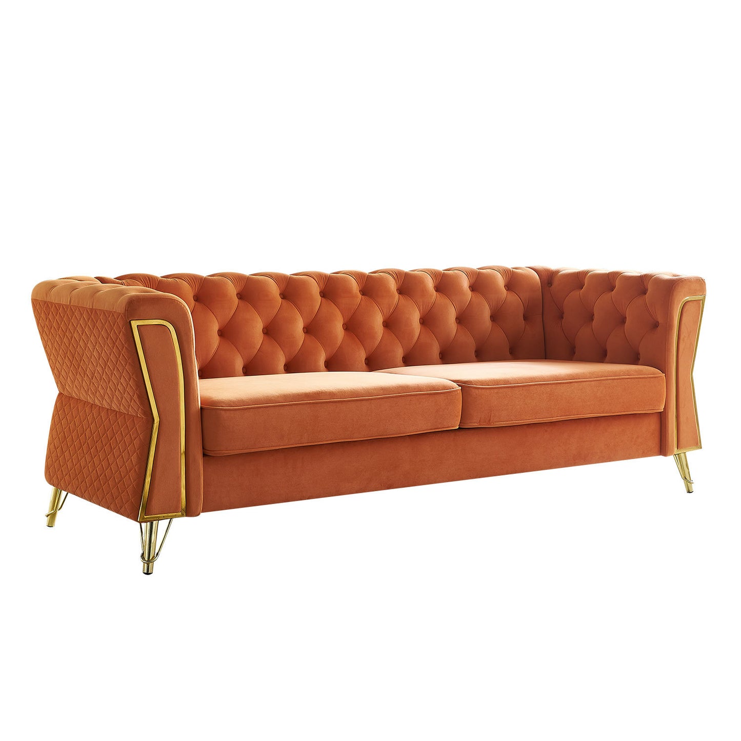 modern tufted velvet sofa, orange