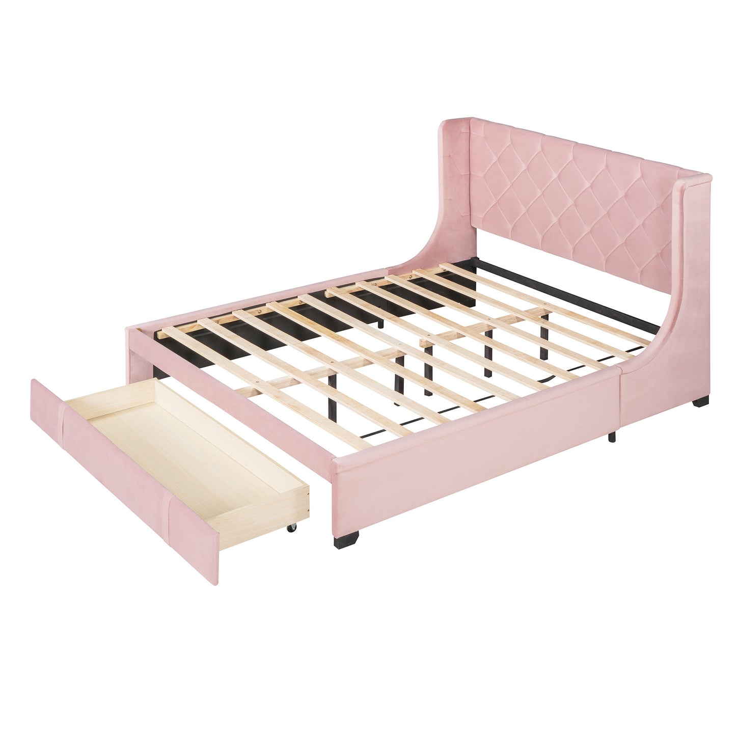 modern velvet upholstered platform bed with wingback headboard and a big drawer