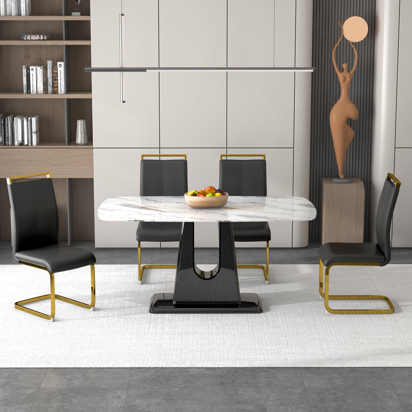 a modern, minimalist, and luxurious dining table with a white imitation marble tabletop and mdf legs with u-shaped brackets. tables in restaurants and living rooms 63"*35.4"*30 f-u