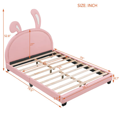 Upholstered Leather Platform Bed with Rabbit Ornament, Pink