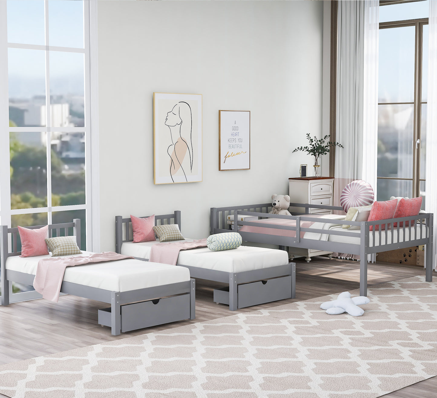 triple bunk bed with drawers and guardrails, gray