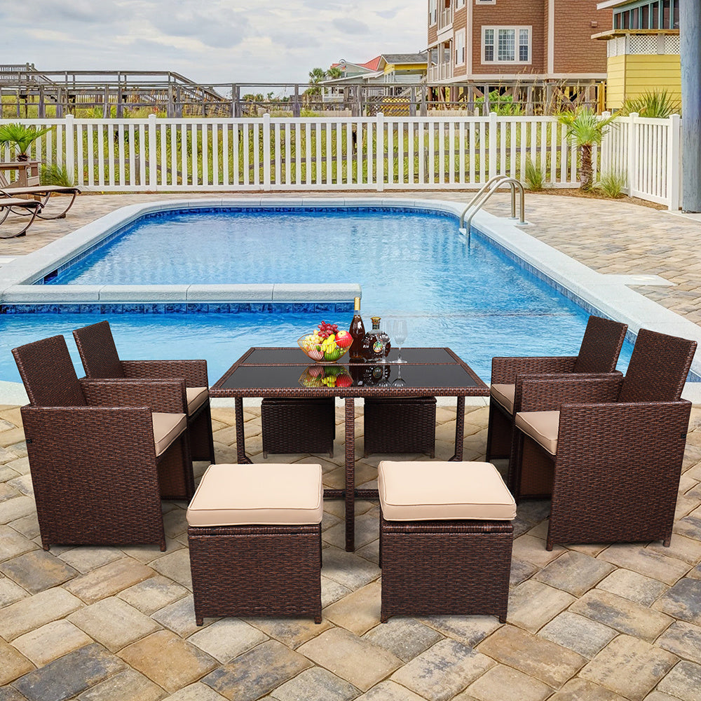 9 pcs wood grain pe wicker rattan dining set