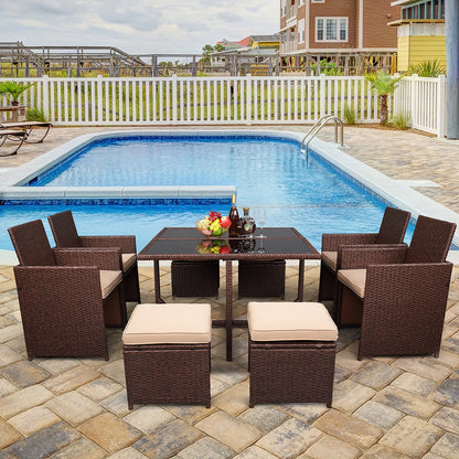 9 Pcs Wood Grain PE Wicker Rattan Dining Set