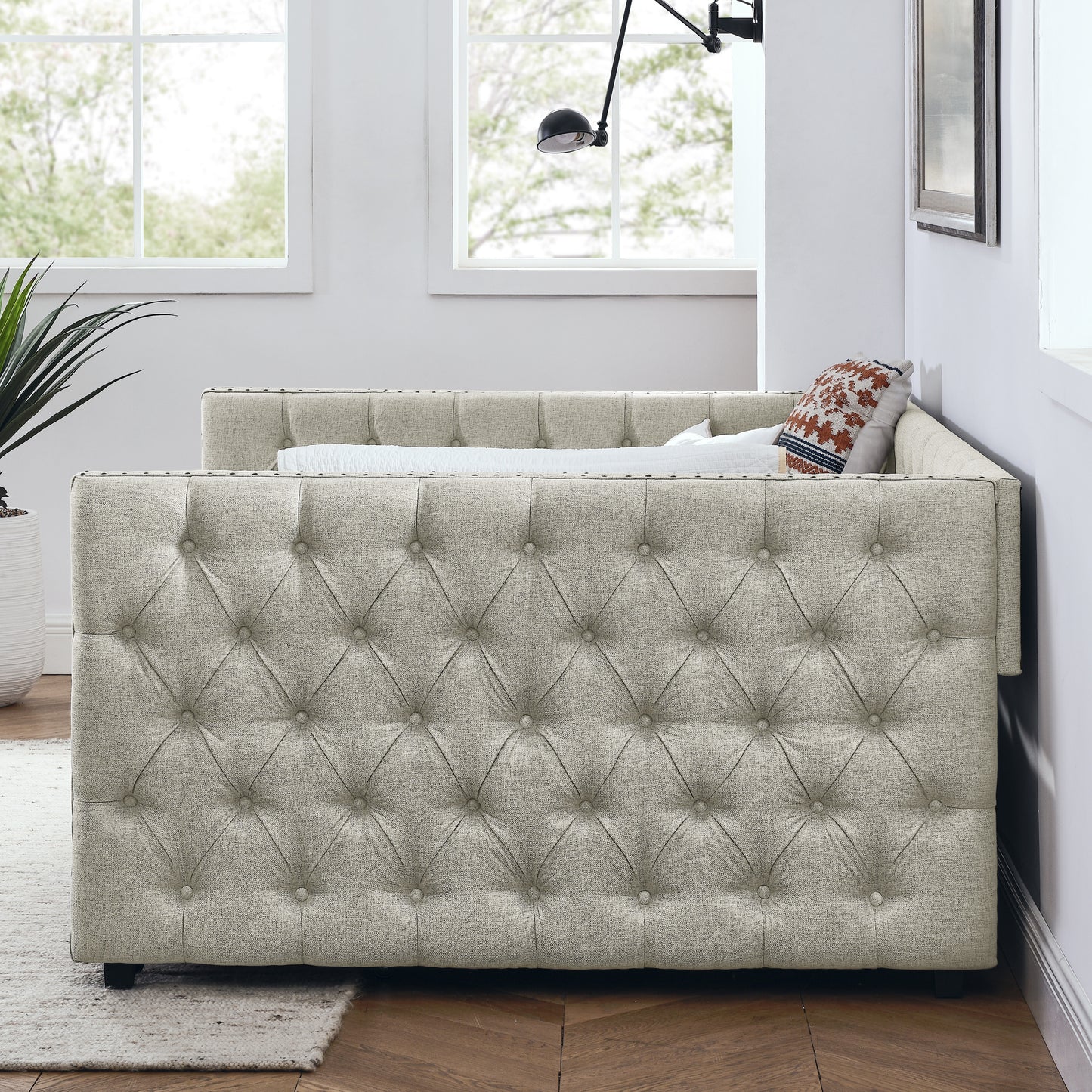 upholstered full size bed with two drawers, beige