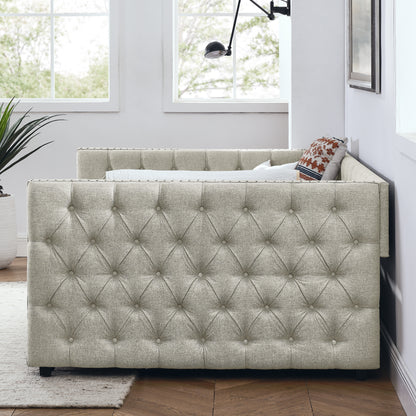 Upholstered Full Size Bed with Two Drawers, Beige