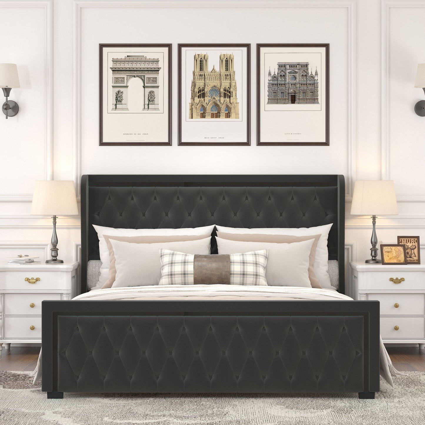velvet upholstered bed with deep tufted buttons & adjustable colorful led light, black