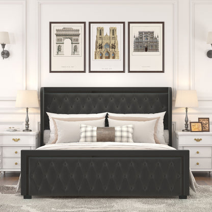 Velvet Upholstered Bed with Deep Tufted Buttons & Adjustable Colorful LED Light, Black