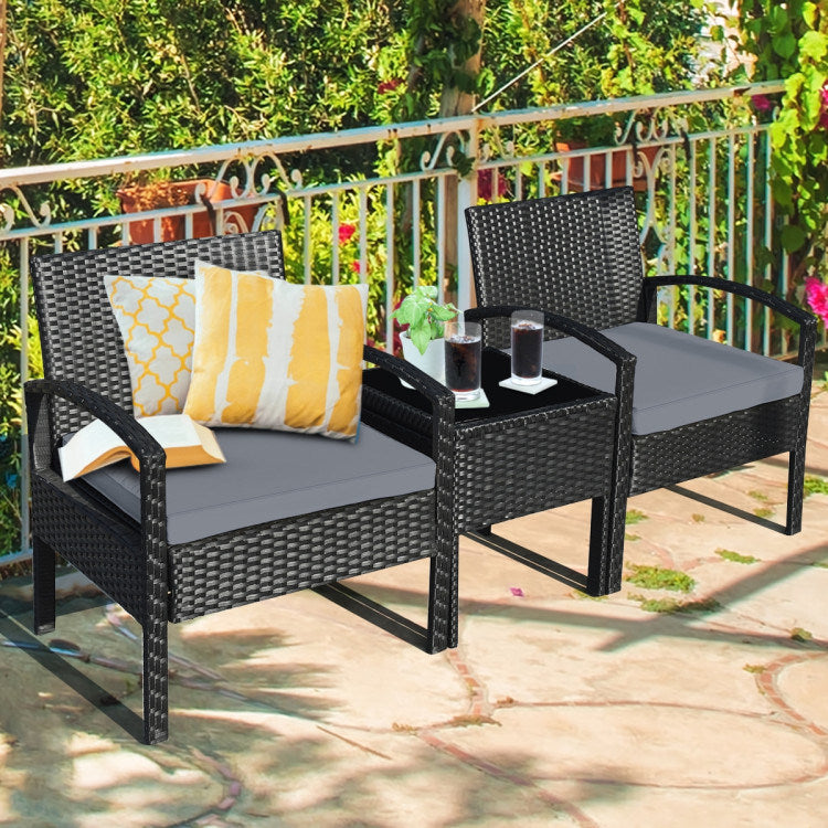 3 pieces outdoor rattan patio conversation set with seat cushions