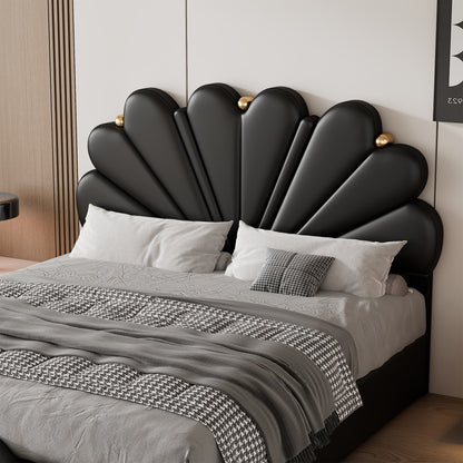 Upholstered Petal Shaped Platform Bed with Hydraulic Storage System, PU Storage Bed, Black