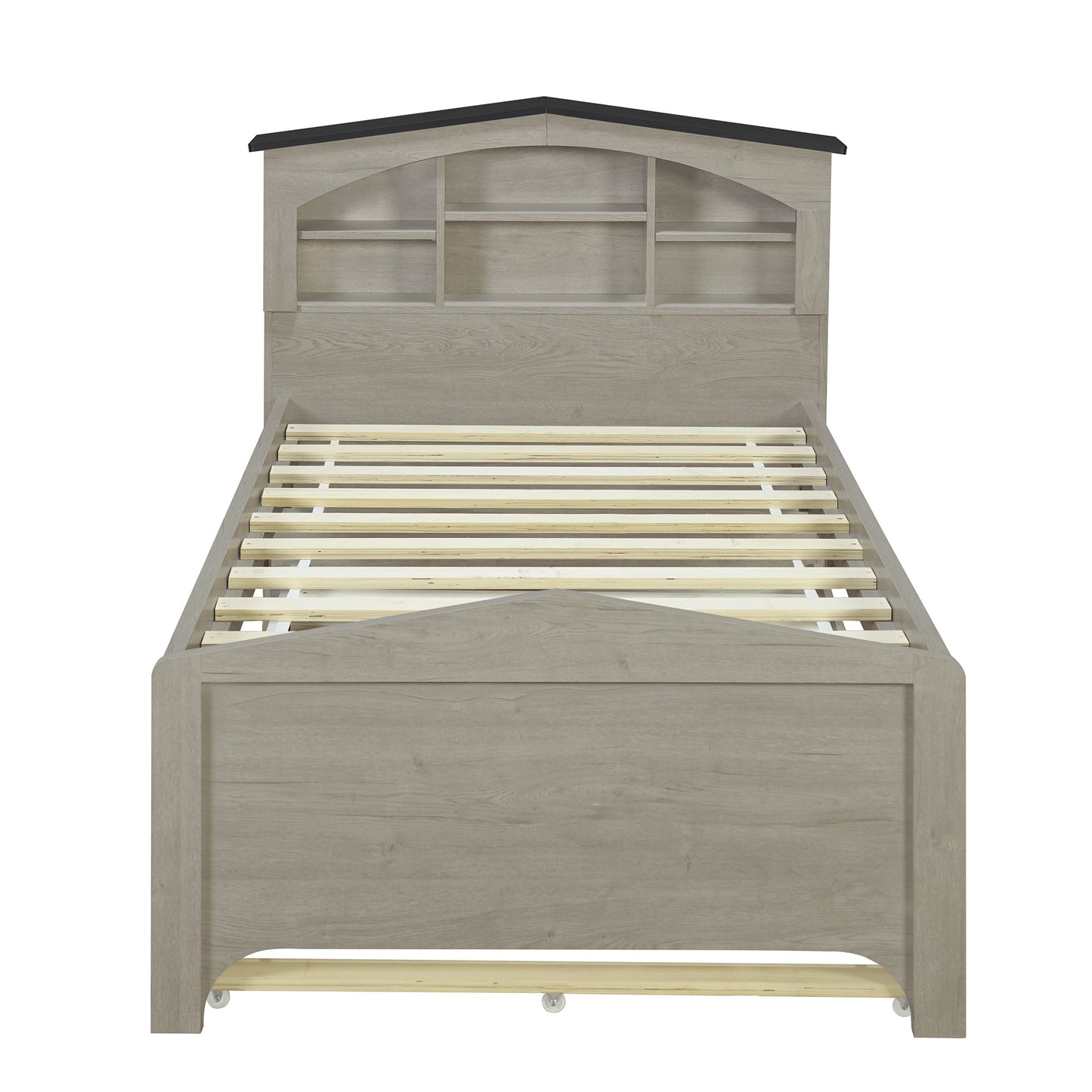 house-shaped bed with storage headboard and trundle, gray