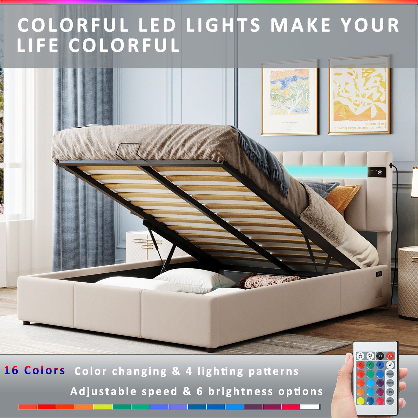 velvet upholstered hydraulic storage bed with led light, bluetooth player, and usb charging