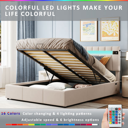 Velvet Upholstered Hydraulic Storage Bed with LED light, Bluetooth Player, and USB Charging