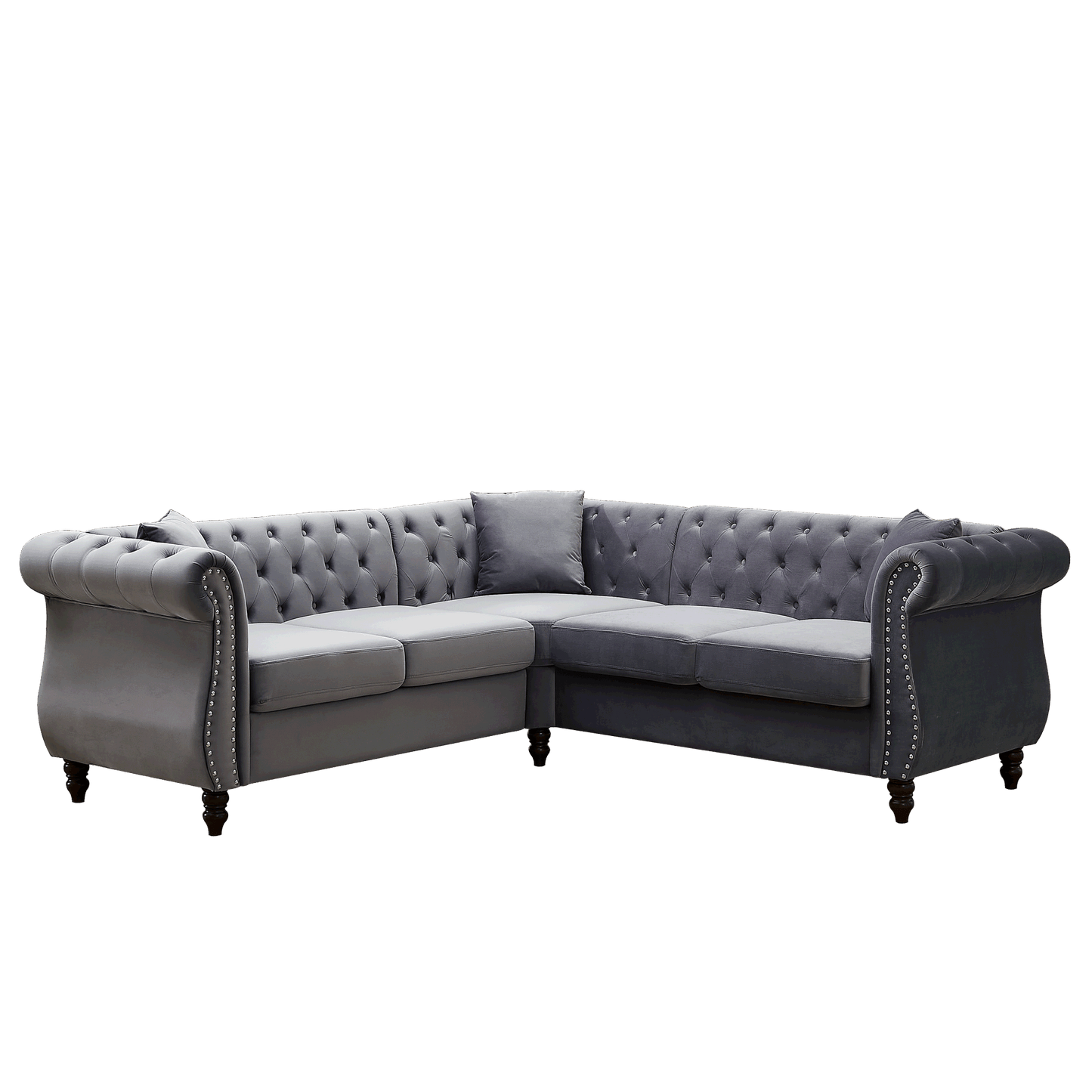 5-seater corner sectional with 3 pillows, grey
