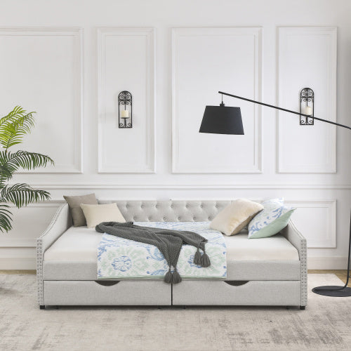 morgan queen size daybed with drawers upholstered tufted sofa bed, beige