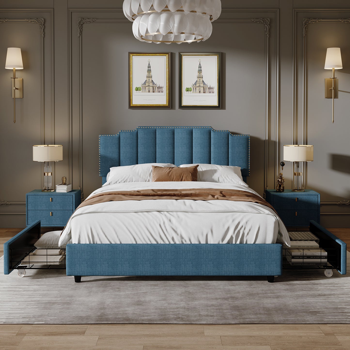 roe upholstered platform bed with 2 drawers stitched
