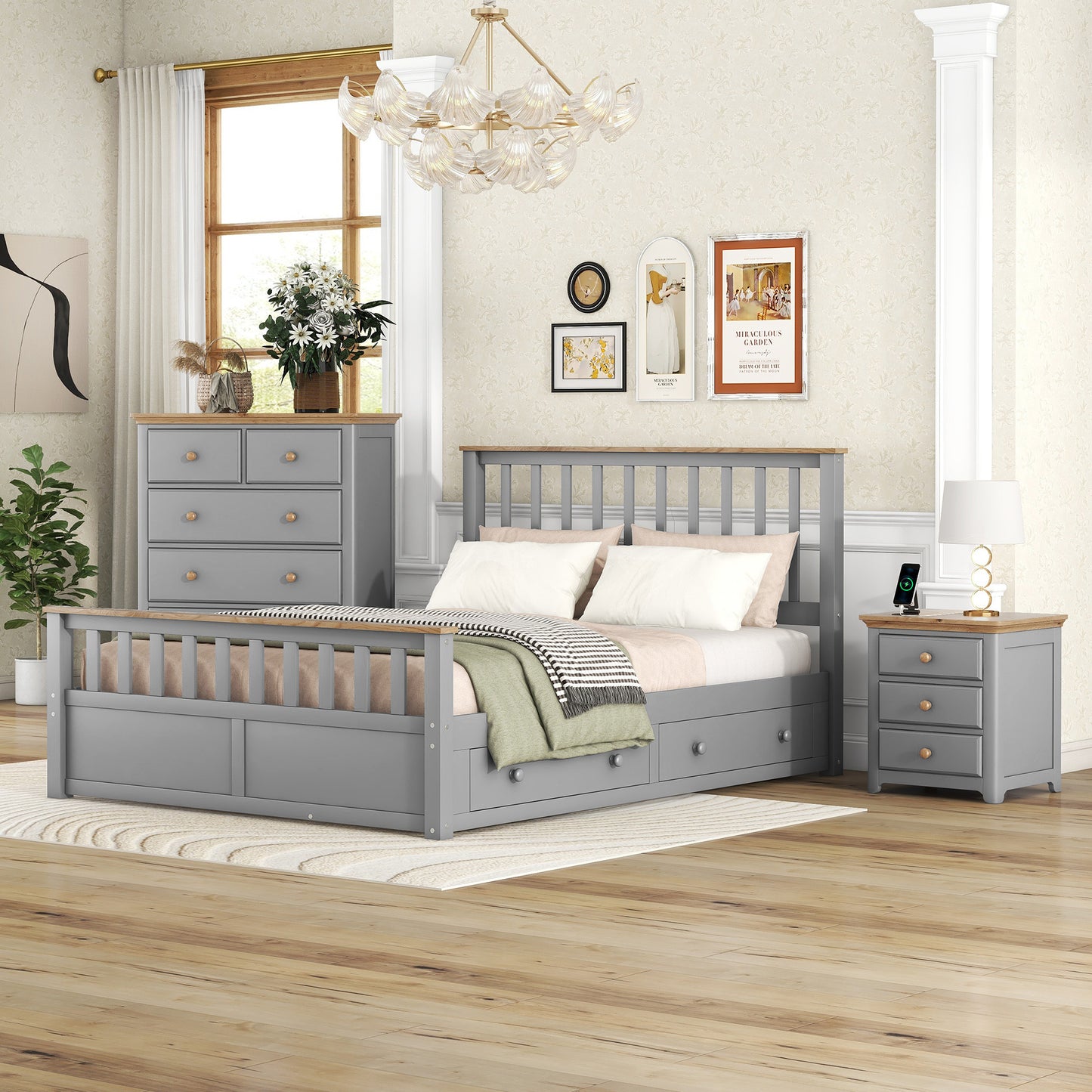 3-pieces bedroom sets with nightstand(usb charging ports) and storage chest,gray+natrual