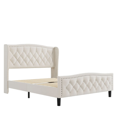 Modern Velvet Upholstered Platform Bed with Wingback Headboard, White