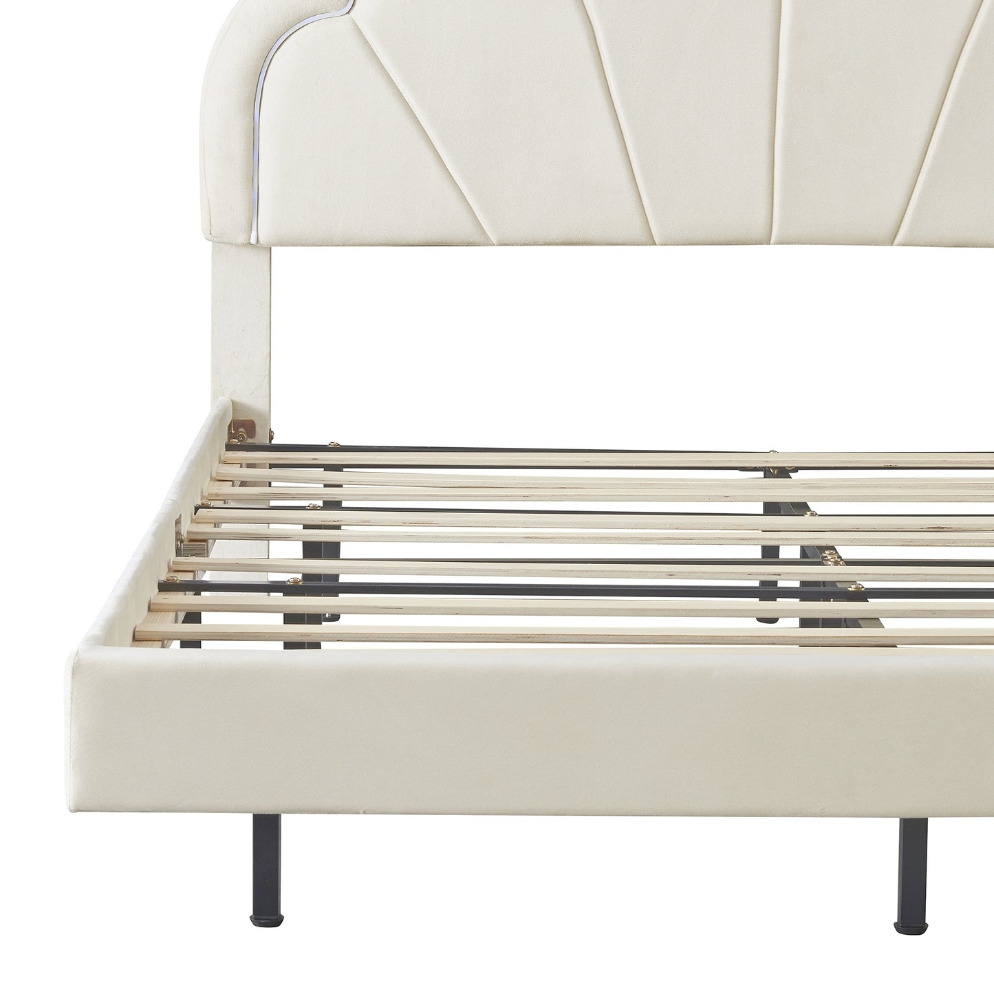 queen upholstered smart led bed frame with elegant flowers headboard, beige
