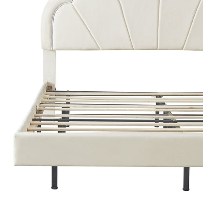 Queen Upholstered Smart LED Bed Frame with Elegant Flowers Headboard, Beige