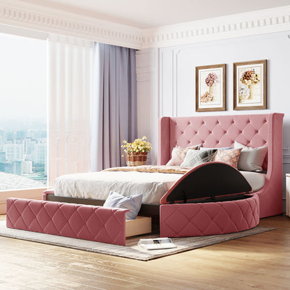Upholstered Velvet Platform Bed with Wingback Headboard and 1 Big Drawer; 2 Side Storage Stool