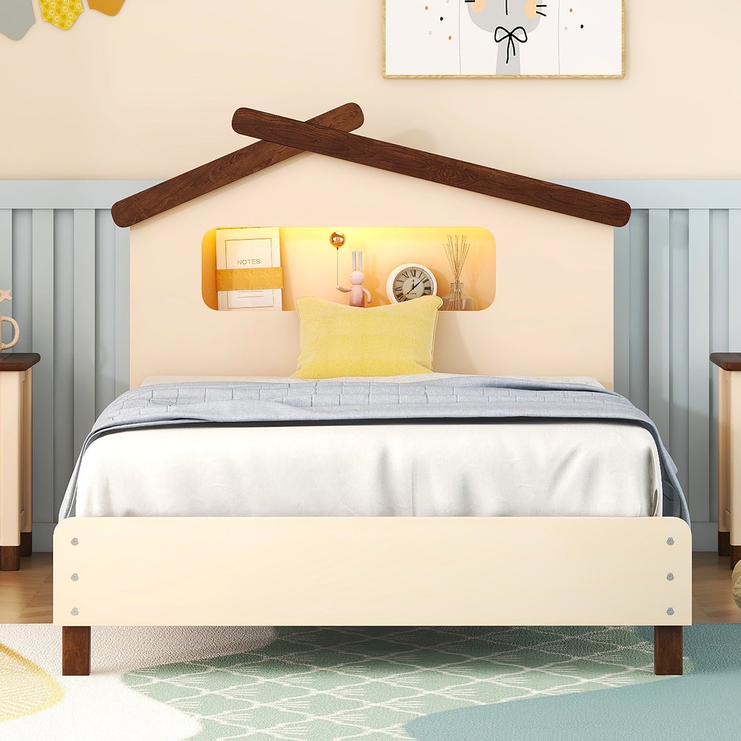 wood platform bed with house-shaped headboard and motion activated night lights, cream+walnut