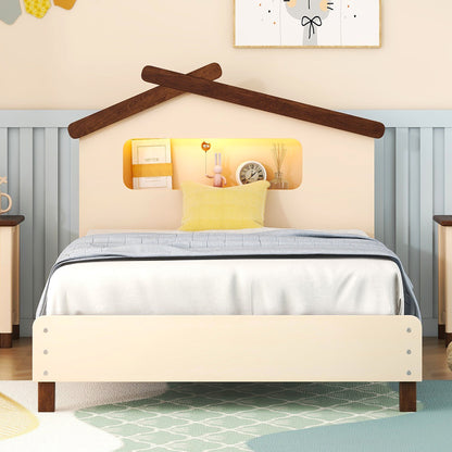 Wood Platform Bed with House-shaped Headboard and Motion Activated Night Lights, Cream+Walnut