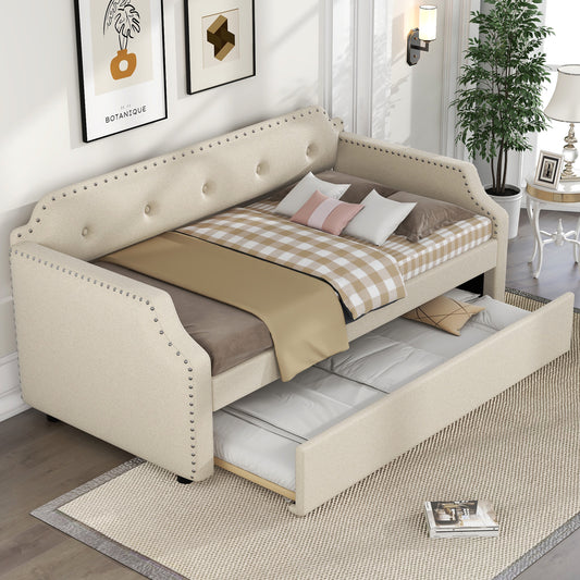 Lizzy Upholstered Bed with Trundle, Beige