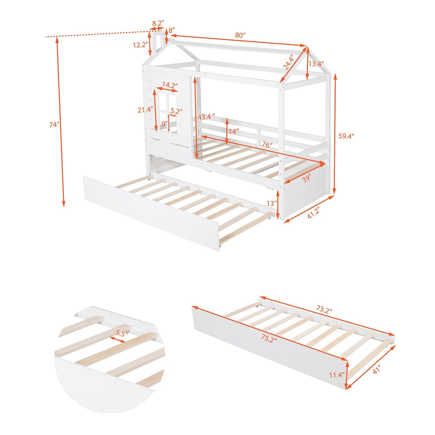 house wood bed with twin size trundle