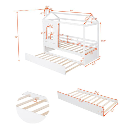 House Wood Bed with Twin Size Trundle
