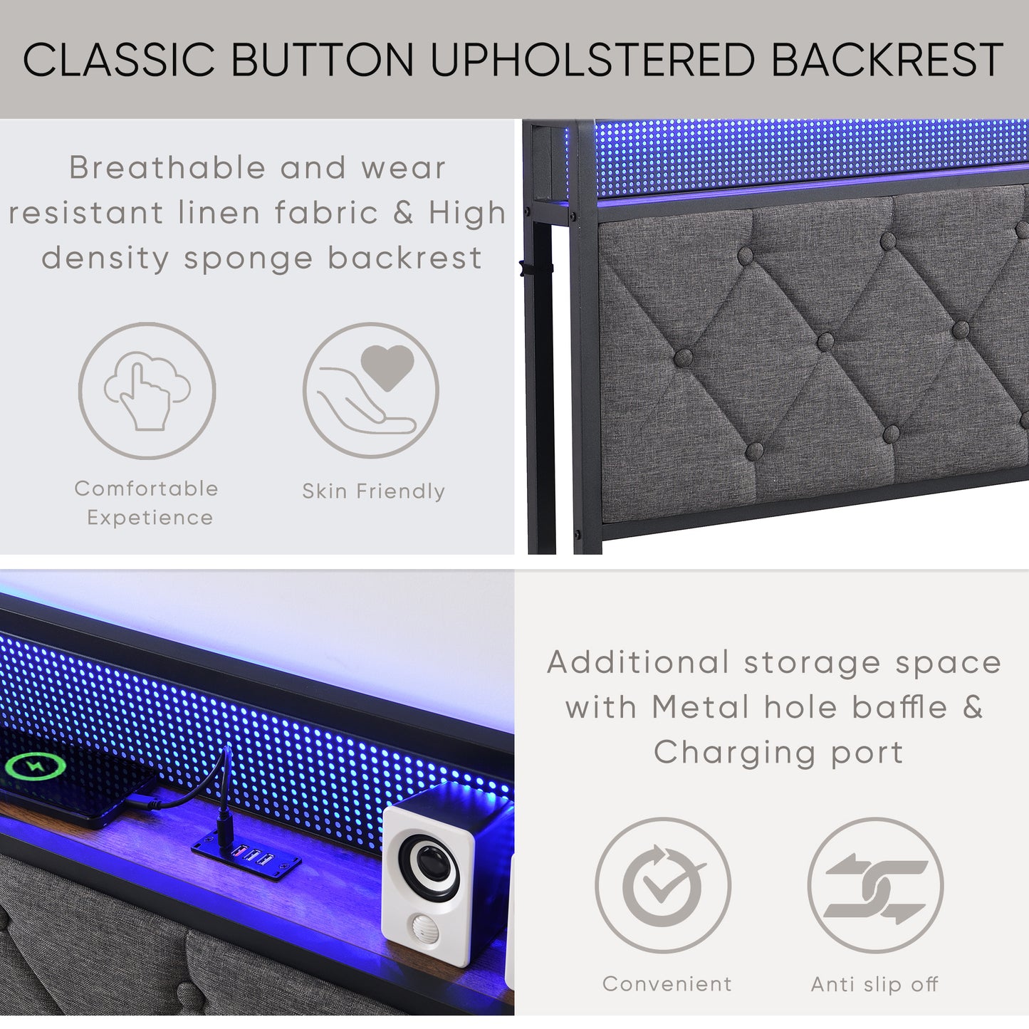 queen bed frame with storage headboard, charging station and led lights,dark gray