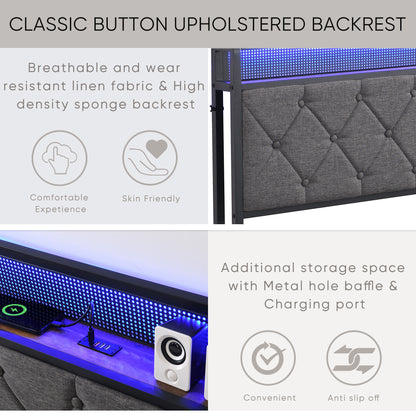 Queen Bed Frame with Storage Headboard, Charging Station and LED Lights,Dark Gray