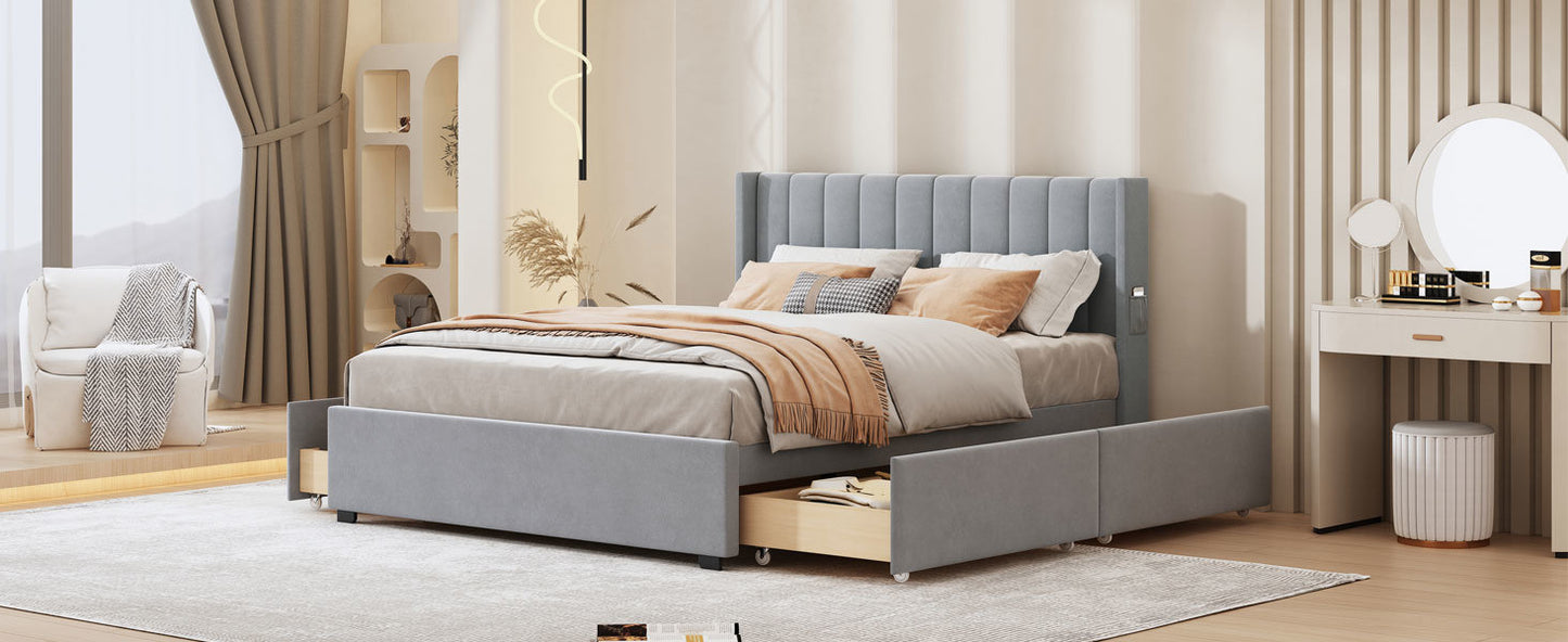 queen size upholstered bed with 4 drawers, gray