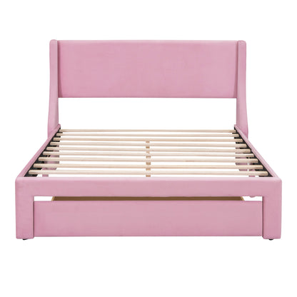Velvet Upholstered Storage Bed with a Big Drawer - Pink
